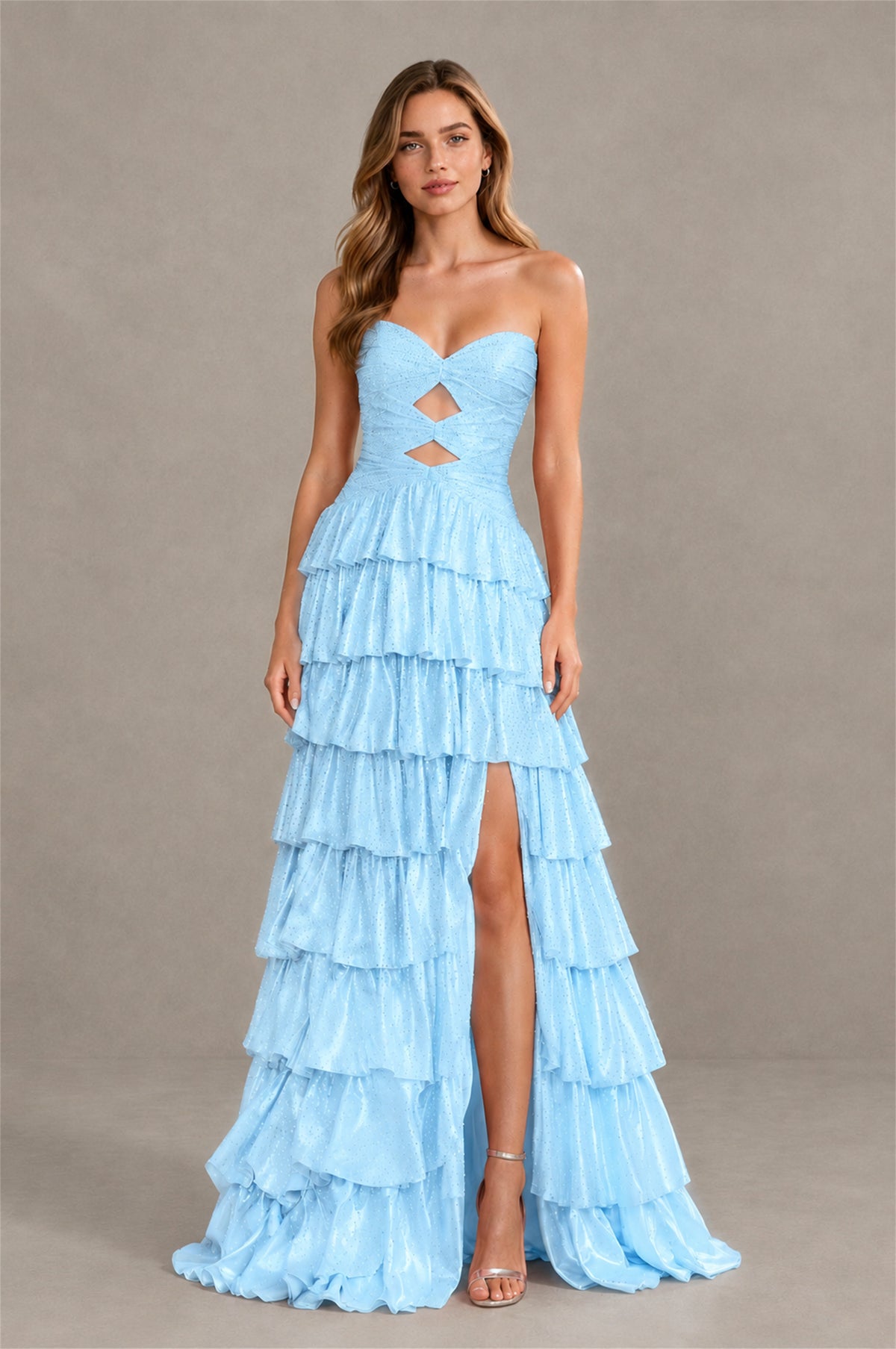 BOLODOO Baby Blue Strapless Cutout Tiered Ruffle Prom Dress with High Slit - Baby Blue - Baby Blue (4)