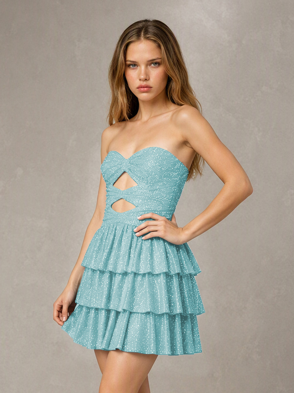 BOLODOO Baby Blue Strapless Sweetheart Cutout Glitter Tiered Ruffle Mini Dress | Lace-Up Back Corset - Baby Blue