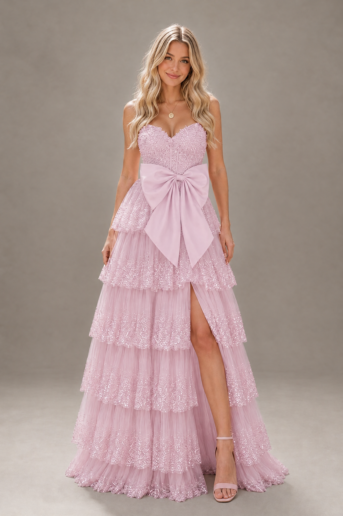 BOLODOO Baby Pink Strapless Tiered Tulle Prom Dress with Bow - Baby Pink - Baby_Pink_1