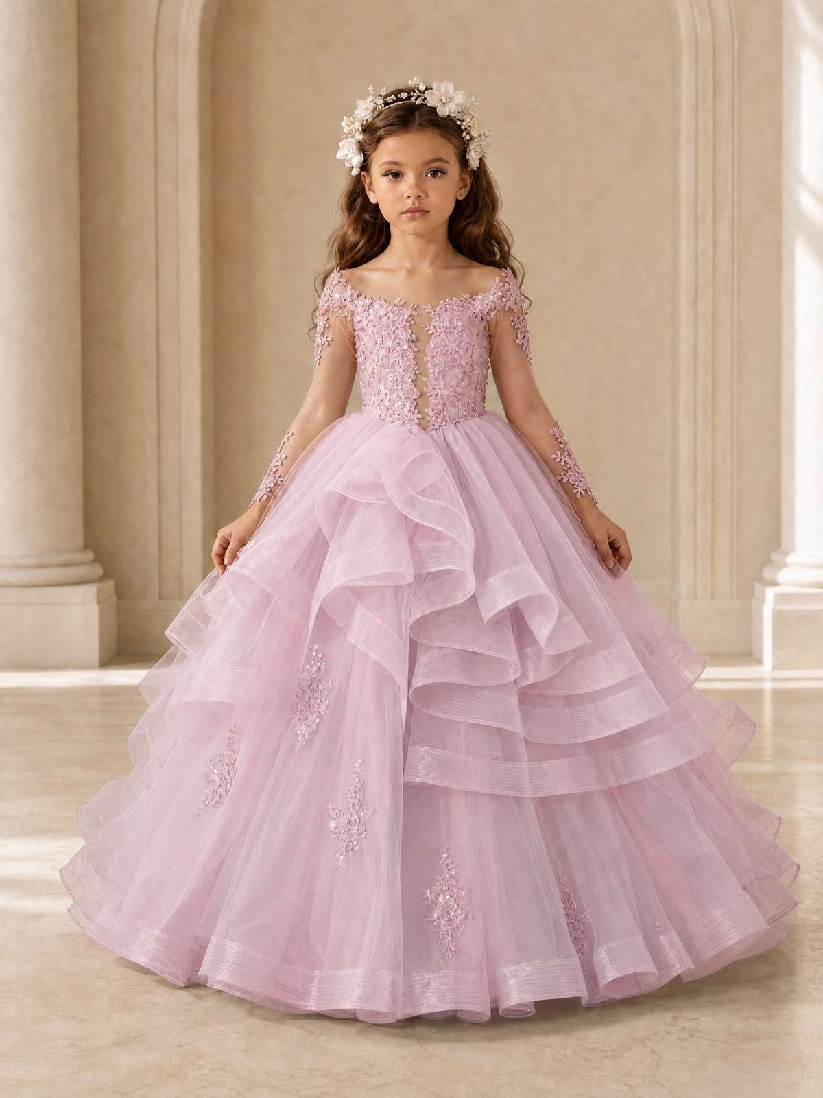 BOLODOO Baby Pink Lace Long Sleeve Tiered Flower Girl Dress - Baby Pink - Baby_Pink_1