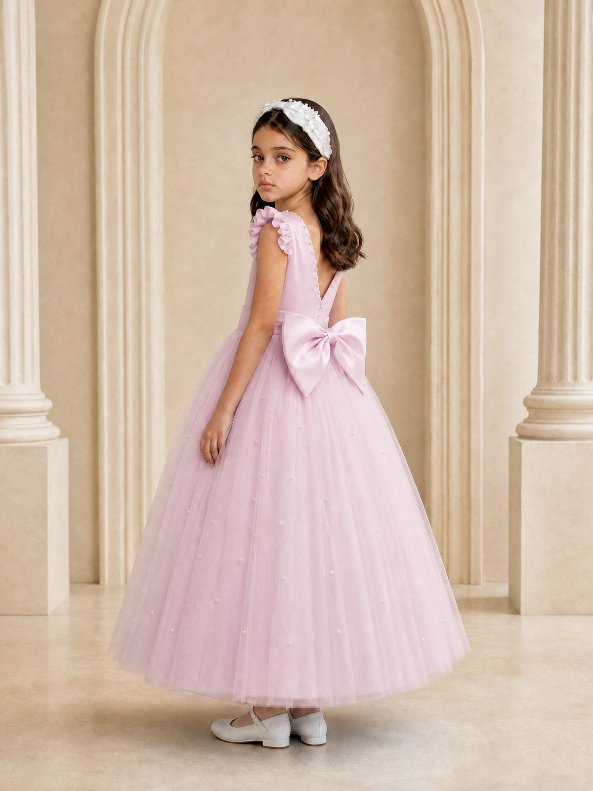 BOLODOO Baby Pink Tulle Flower Girl Dress with Ruffle Sleeves & Bow Back - Baby Pink - Baby_Pink_1