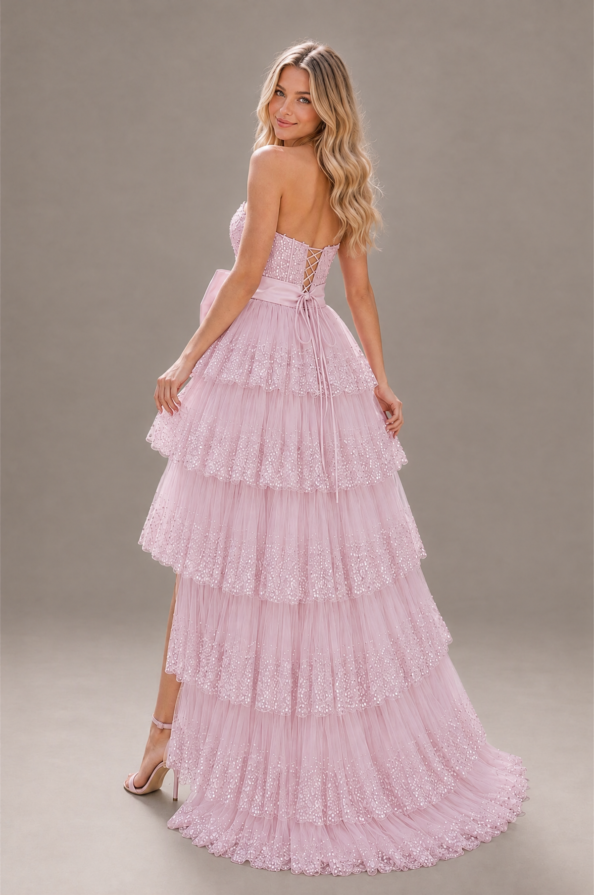 BOLODOO Baby Pink Strapless Tiered Tulle Prom Dress with Bow - Baby Pink - Baby_Pink_2