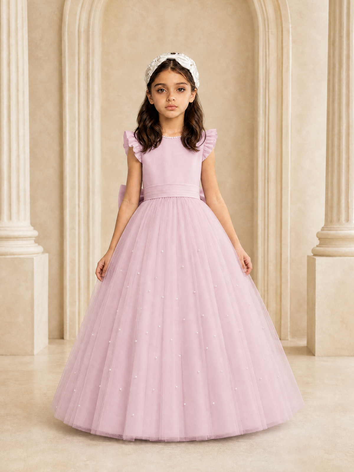 BOLODOO Baby Pink Tulle Flower Girl Dress with Ruffle Sleeves & Bow Back - Baby Pink - Baby_Pink_2