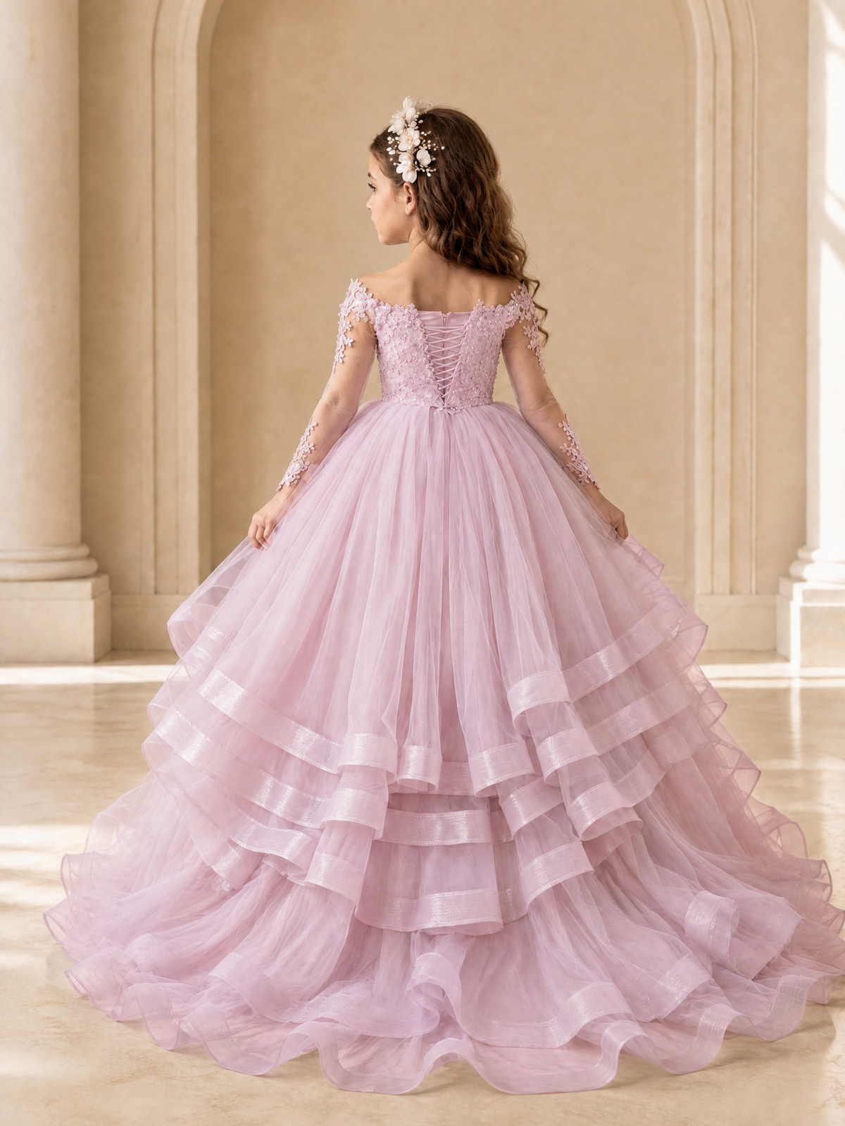 BOLODOO Baby Pink Lace Long Sleeve Tiered Flower Girl Dress - Baby Pink - Baby_Pink_2