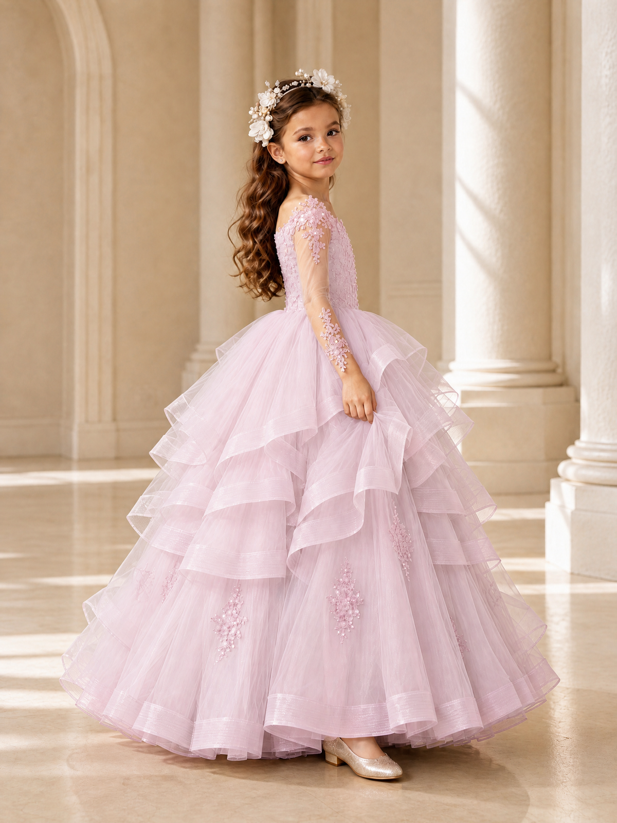 BOLODOO Baby Pink Lace Long Sleeve Tiered Flower Girl Dress - Baby Pink - Baby_Pink_3