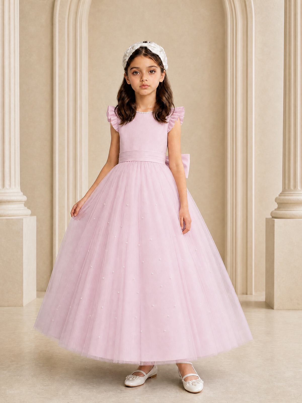 BOLODOO Baby Pink Tulle Flower Girl Dress with Ruffle Sleeves & Bow Back - Baby Pink - Baby_Pink_3