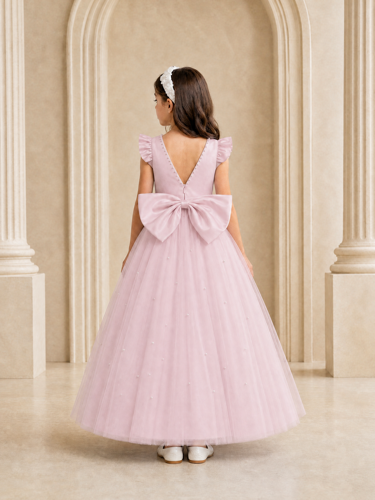 BOLODOO Baby Pink Tulle Flower Girl Dress with Ruffle Sleeves & Bow Back - Baby Pink - Baby_Pink_4