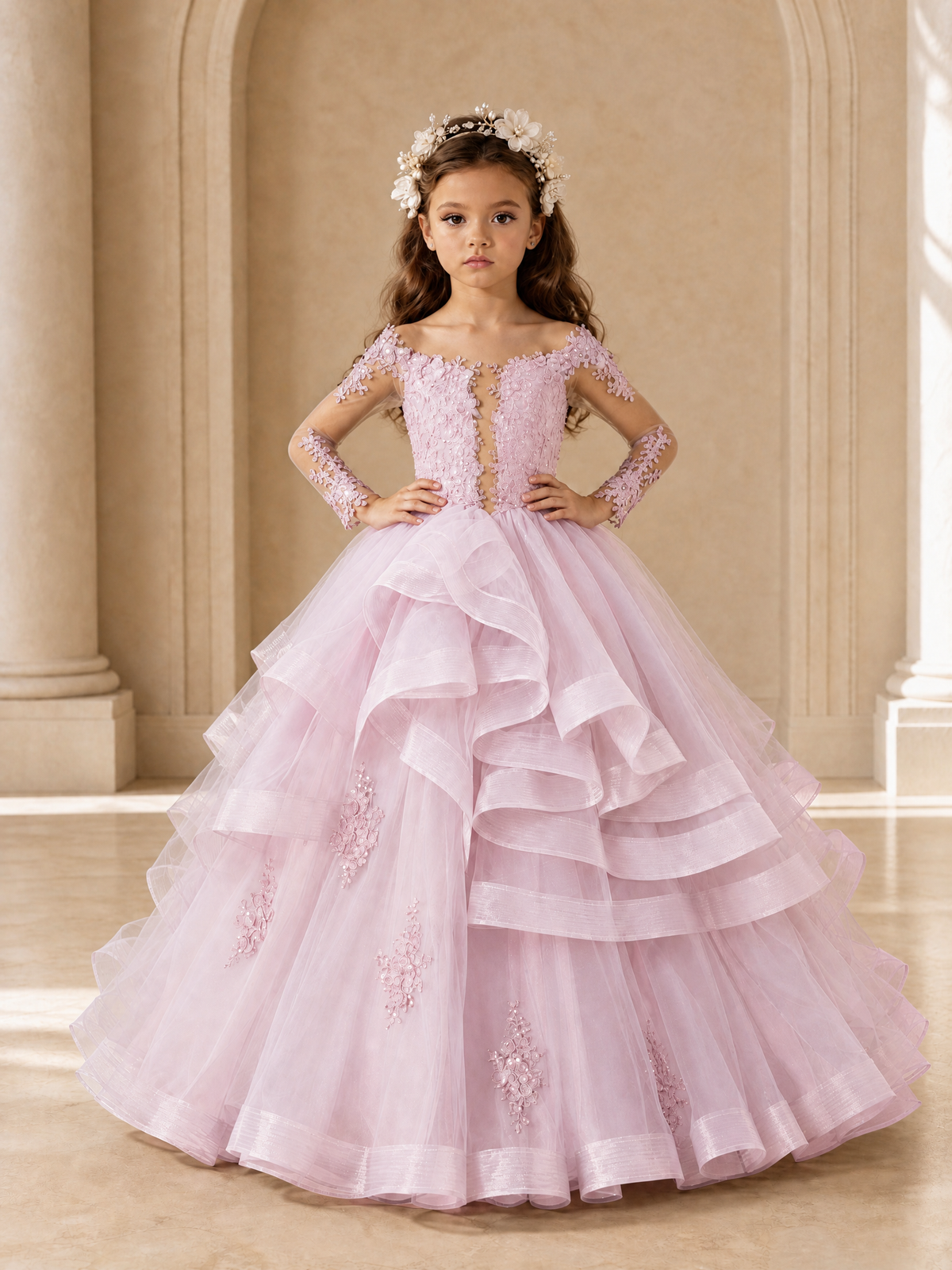 BOLODOO Baby Pink Lace Long Sleeve Tiered Flower Girl Dress - Baby Pink - Baby_Pink_4