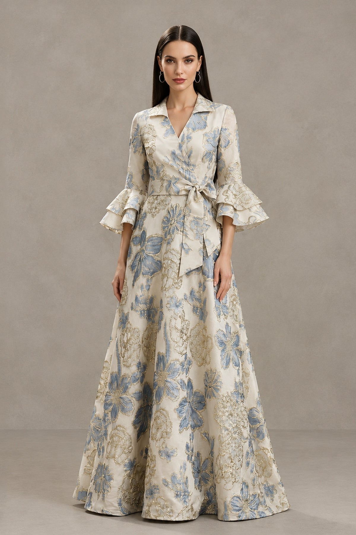 BOLODOO beige floral jacquard mother of the bride dress, front view with three-quarter ruffle sleeves and floor-length A-line skirt