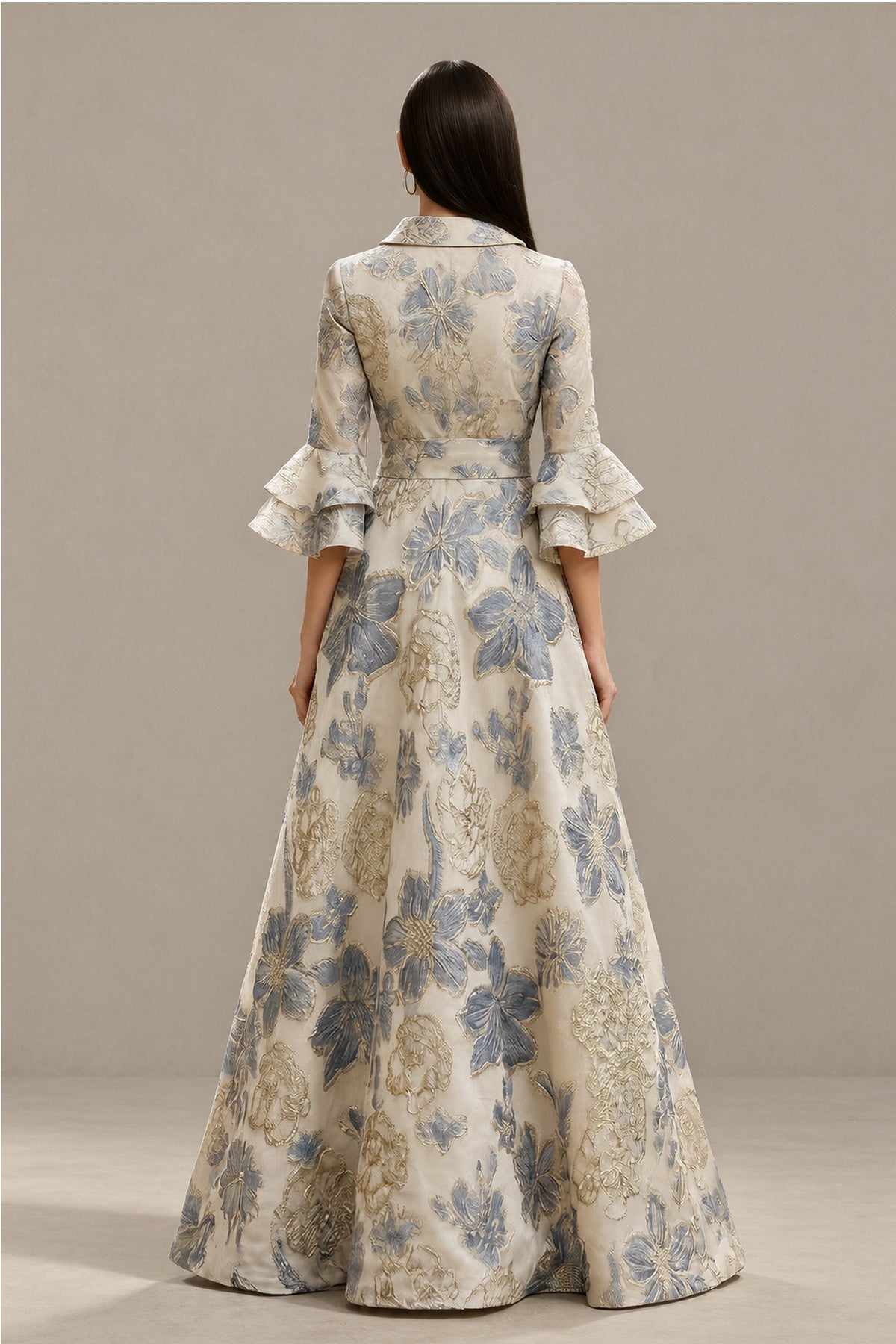 BOLODOO beige floral jacquard wedding guest dress, back view with a covered back and full-length floral skirt