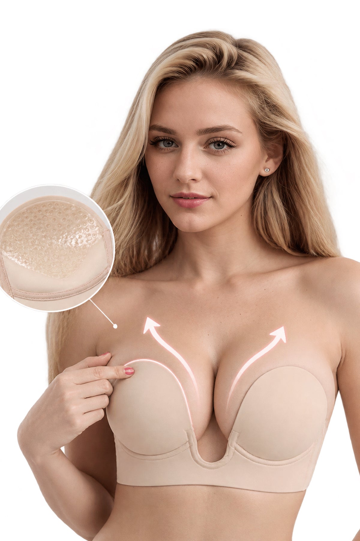 Model wearing BOLODOO nude adhesive strapless bra under a low-cut outfit