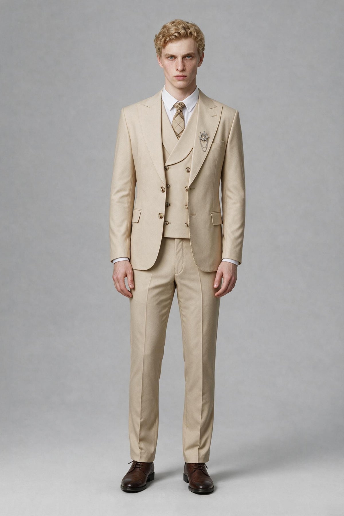 BOLODOO FQ0053 men's beige jacket and trousers suit, full-length front view; styled waistcoat not included
