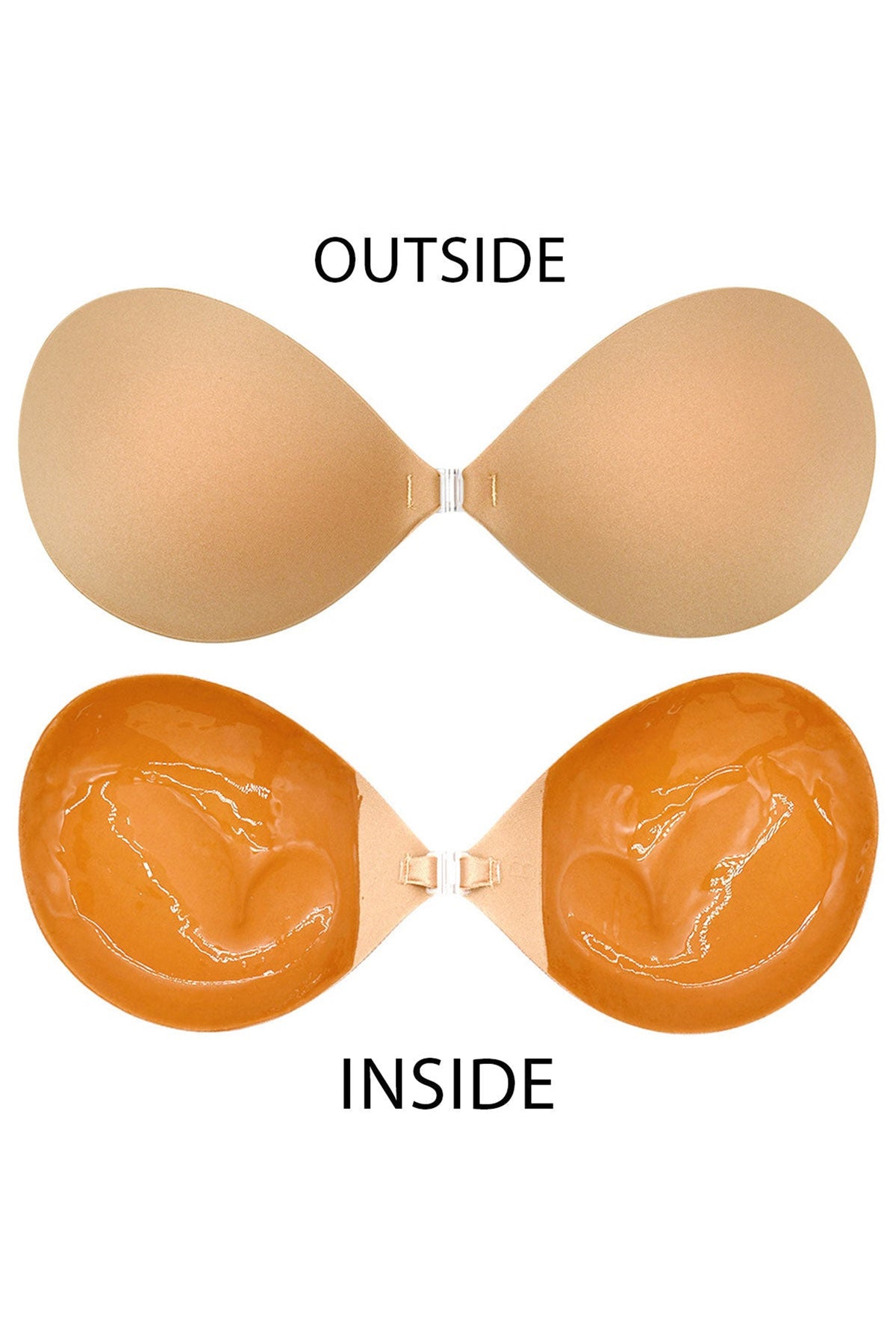 Outside and inside view of beige adhesive bra showing silicone sticky lining