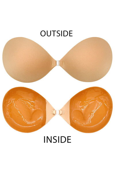 Outside and inside view of beige adhesive bra showing silicone sticky lining