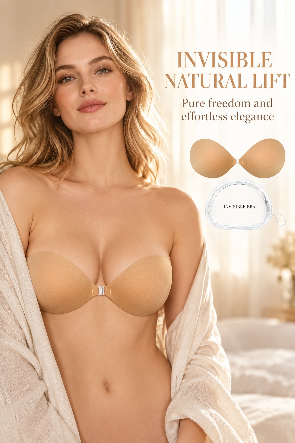Waterproof and sweatproof beige adhesive push-up bra cups with water droplets