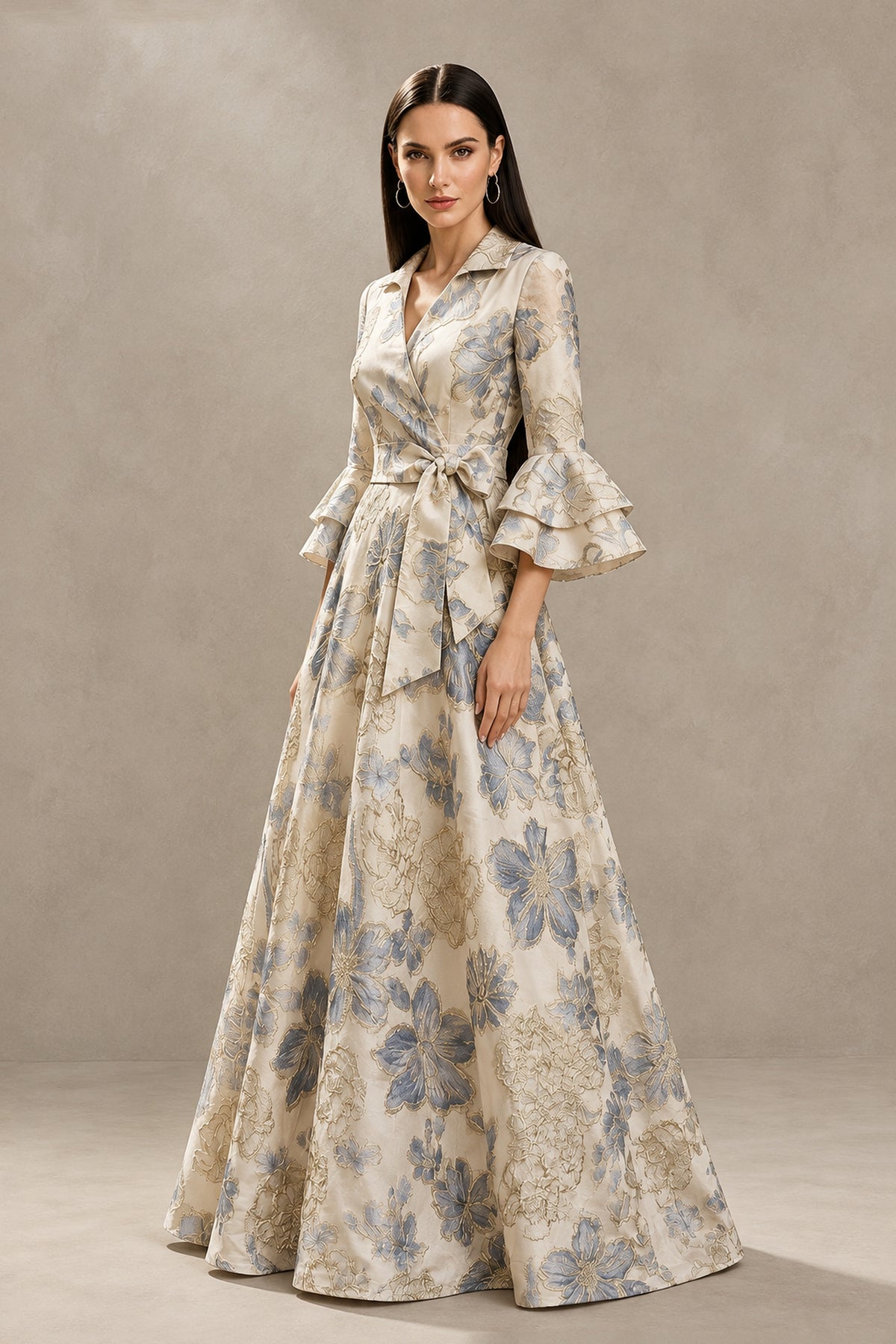 BOLODOO beige floral jacquard mother of the bride gown, side view showing the flowing floor-length skirt and covered back