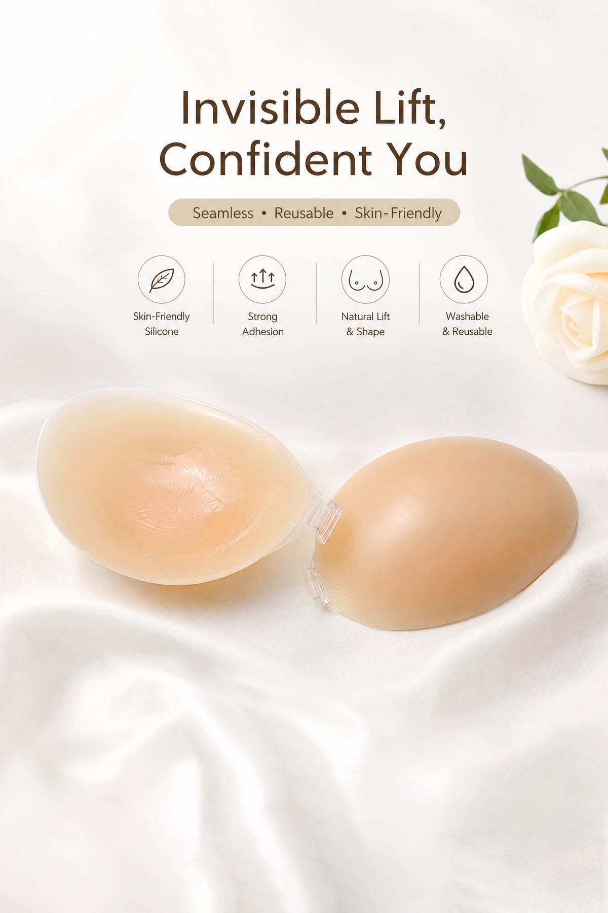 Beige reusable silicone adhesive bra cups, skin-friendly and washable