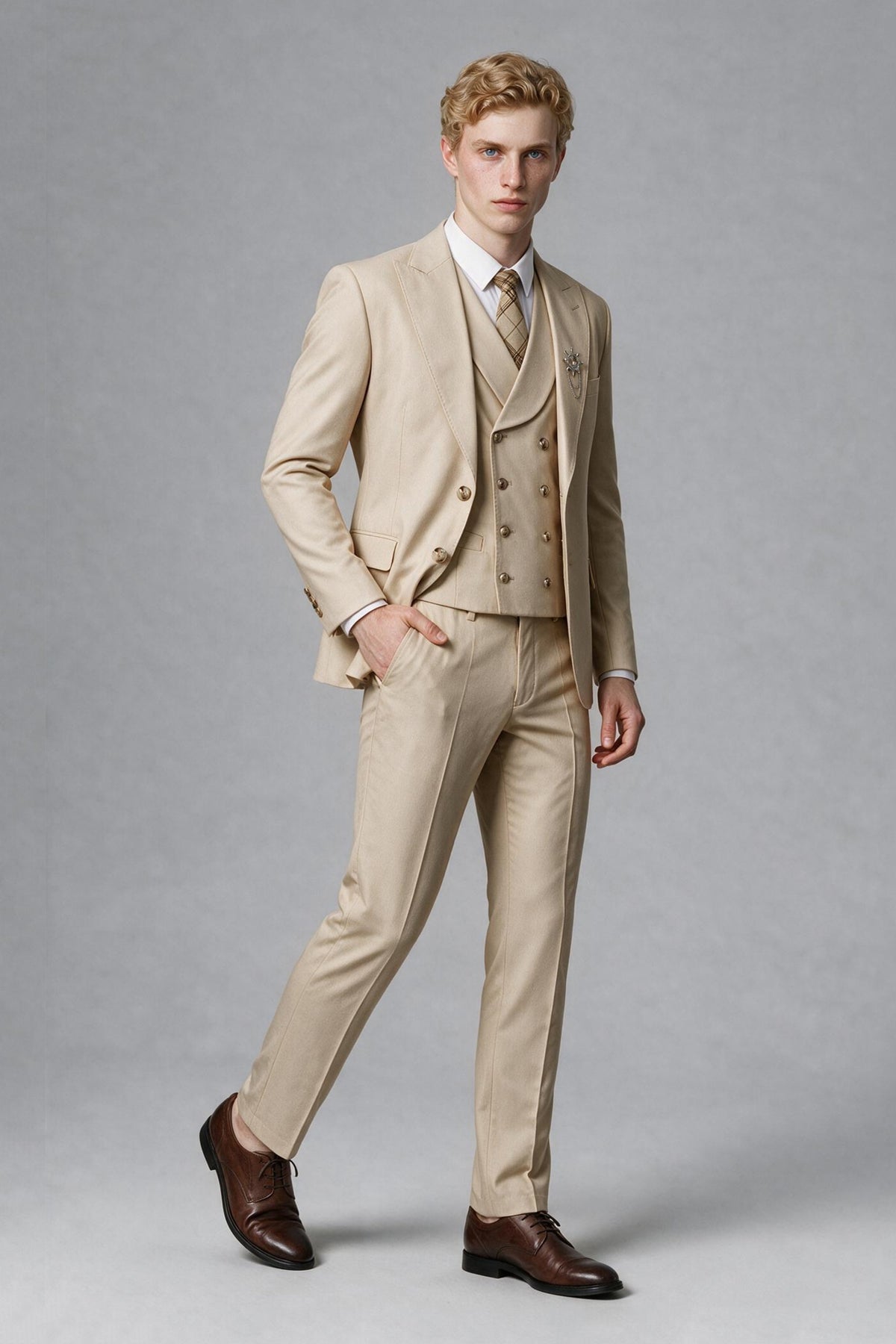 BOLODOO FQ0053 beige two-piece men's suit, three-quarter front view; styled waistcoat not included