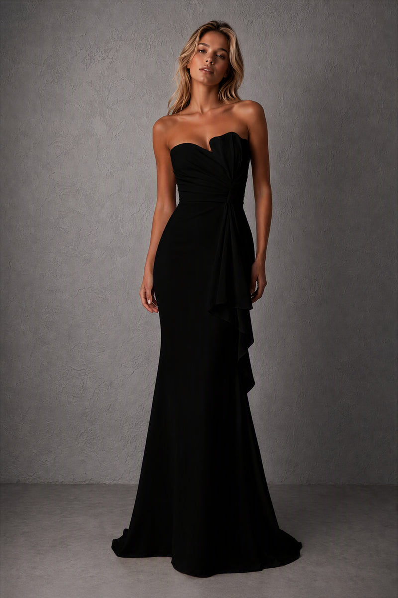 BOLODOO Black Strapless Sweetheart Ruched Mermaid Gown | Cascade Drape Formal Evening Dress - Black
