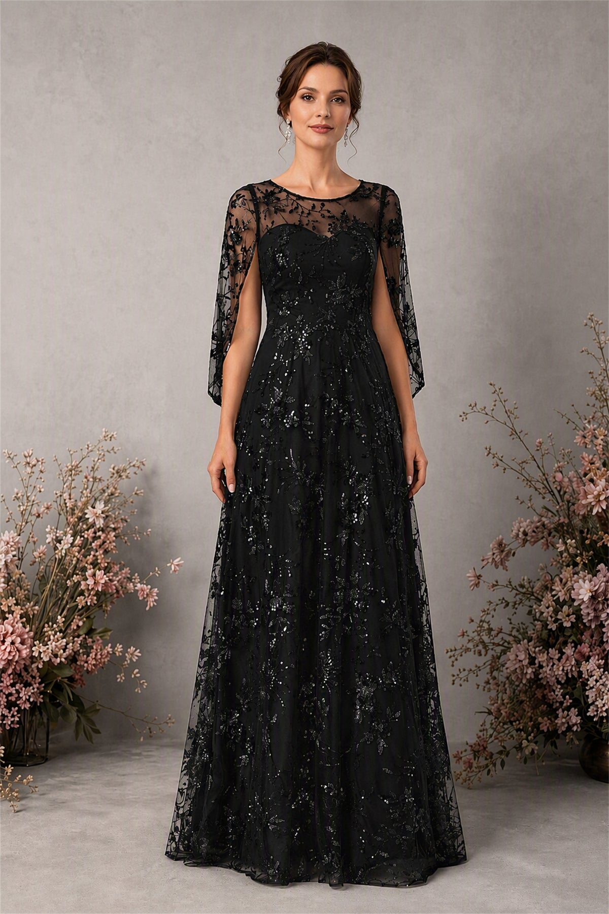 BOLODOO Black Sequin Lace Cape Sleeve Formal Evening Gown - Black