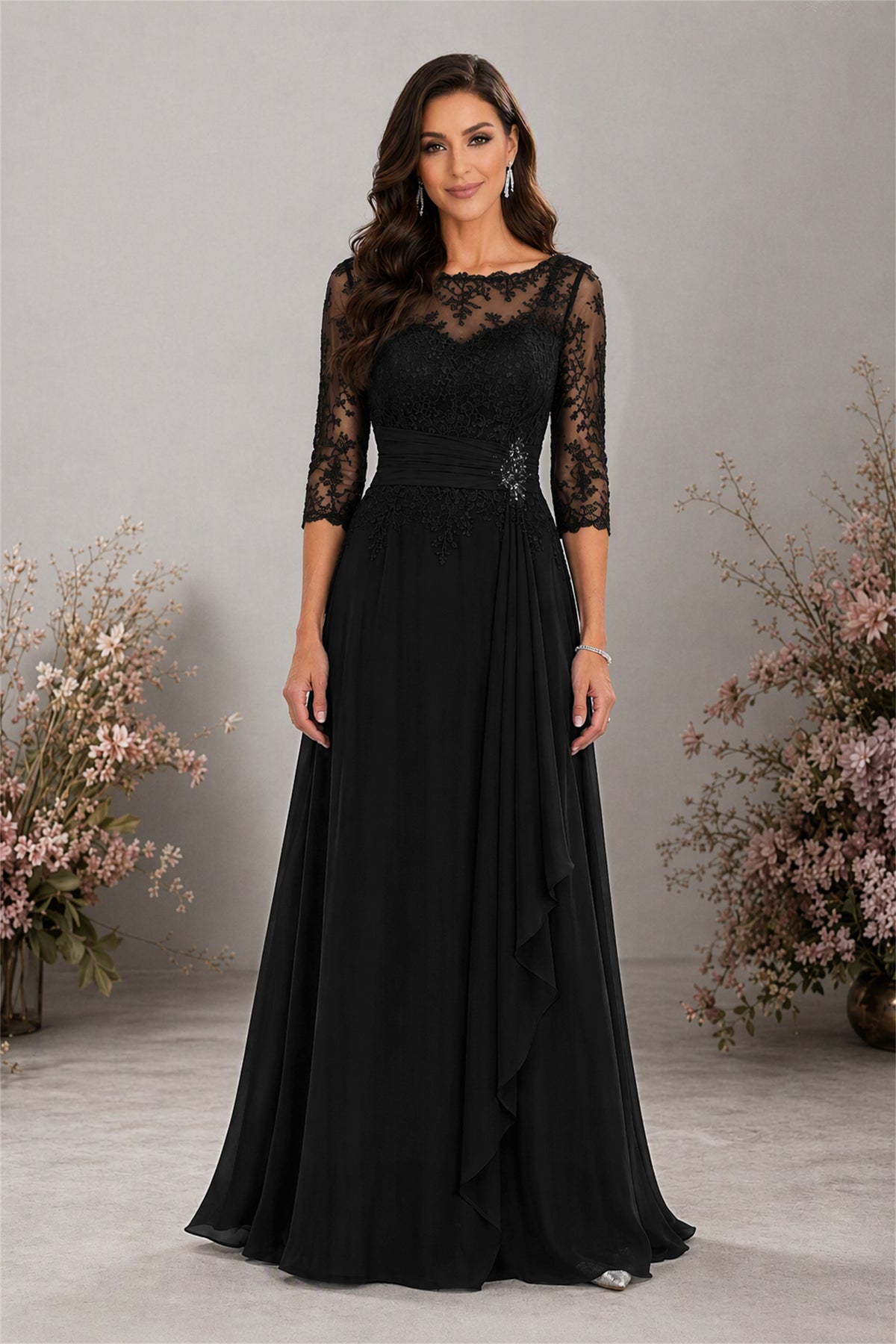 BOLODOO Black Chiffon Lace 3/4 Sleeve Floor Length Formal Evening Gown - Black