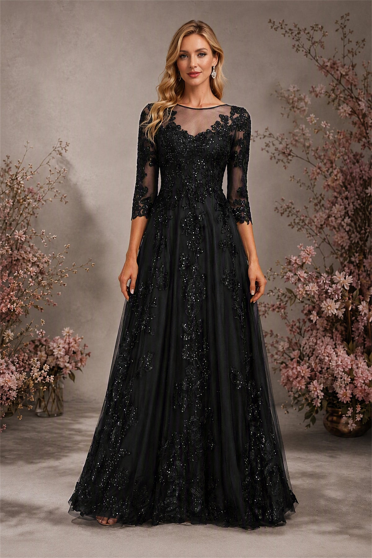 BOLODOO Black Sequin Lace 3/4 Sleeve Open Back Formal Evening Gown - Black