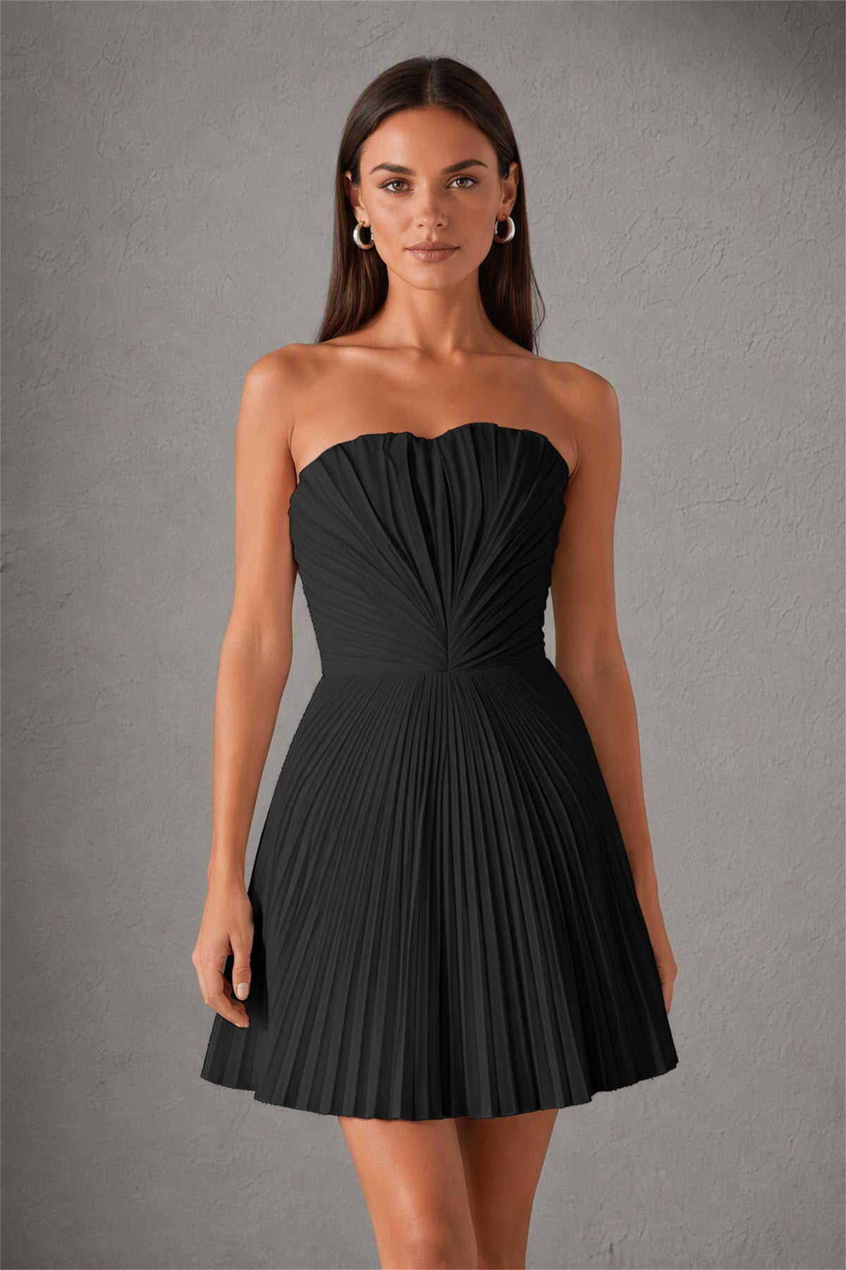 BOLODOO Black Strapless Sweetheart Pleated Corset Mini Dress with Lace-Up Back - Black