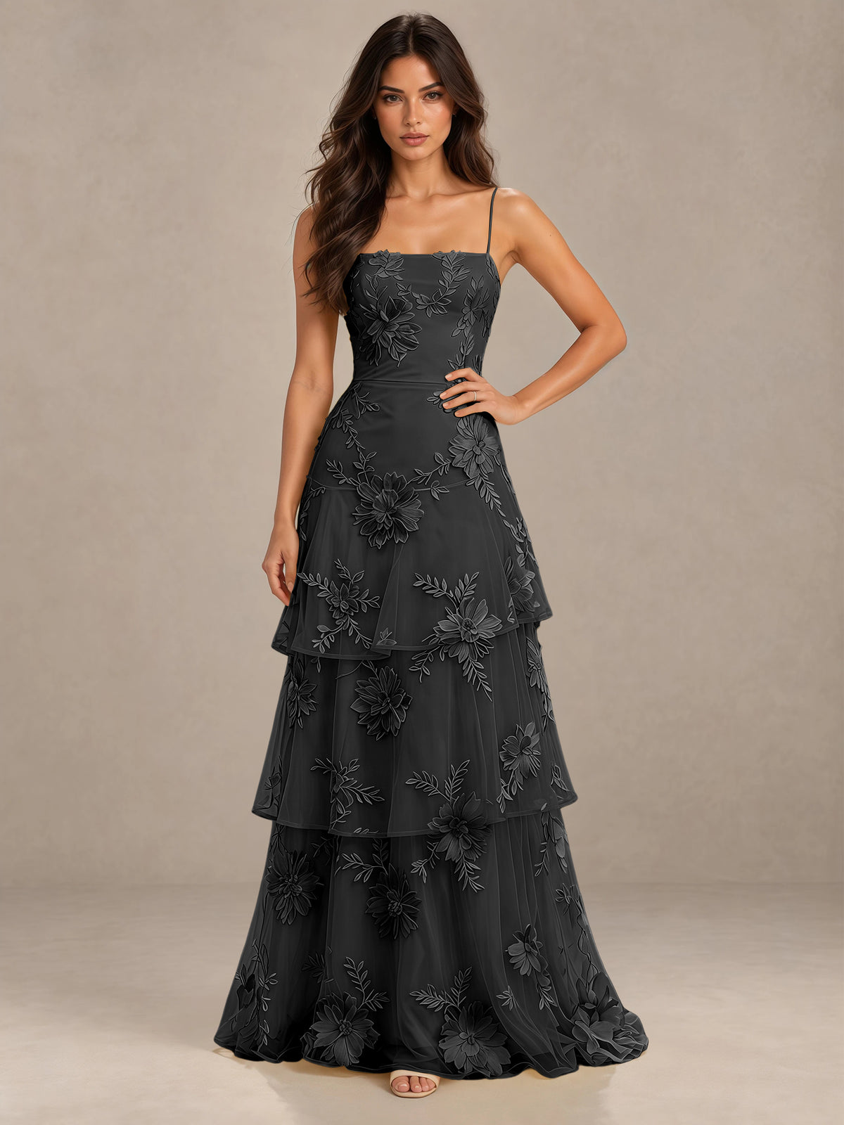 BOLODOO Black Floral Applique Tiered Prom Dress with Lace-Up Back - Black - Black-1