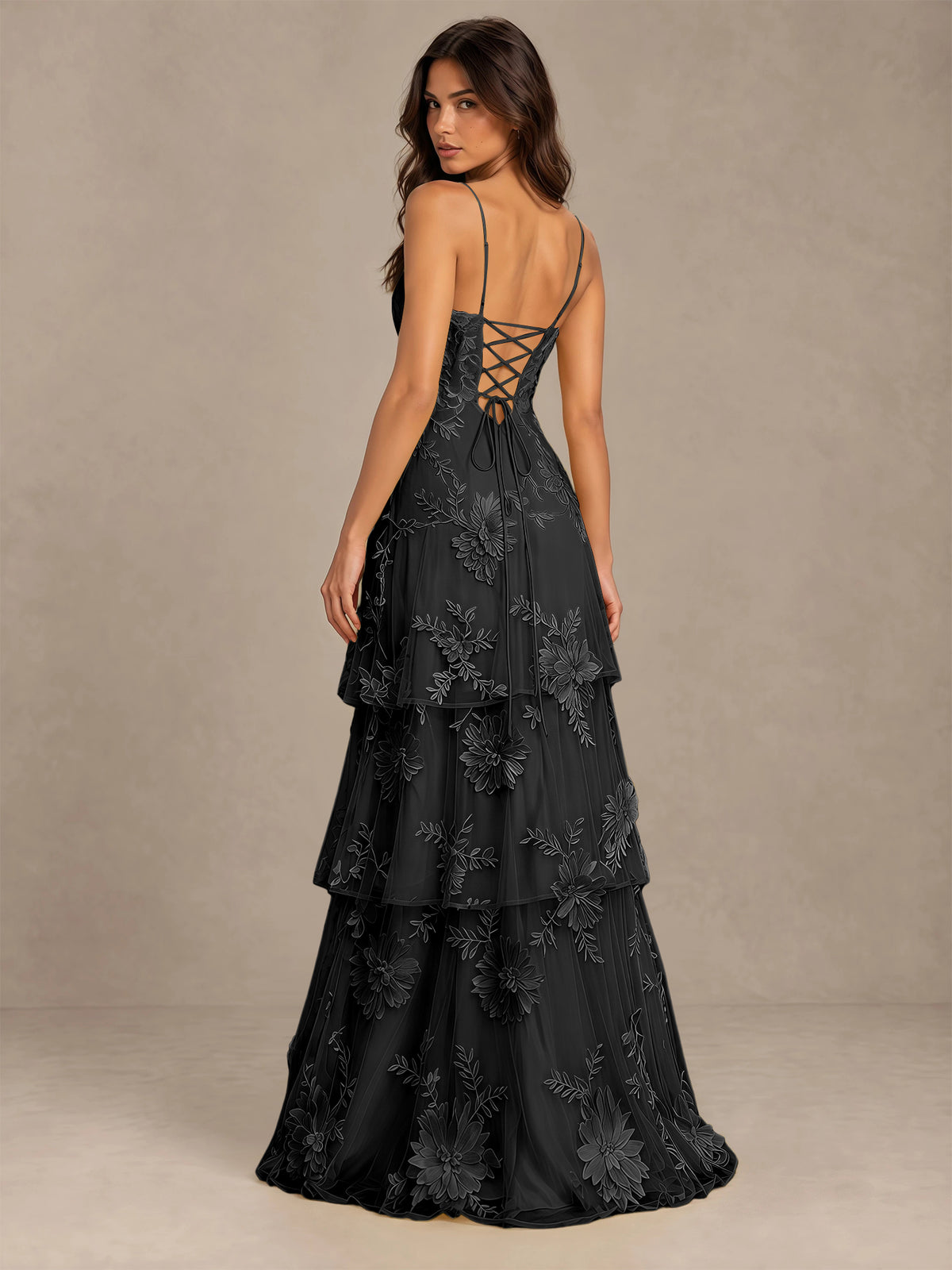 BOLODOO Black Floral Applique Tiered Prom Dress with Lace-Up Back - Black - Black-2