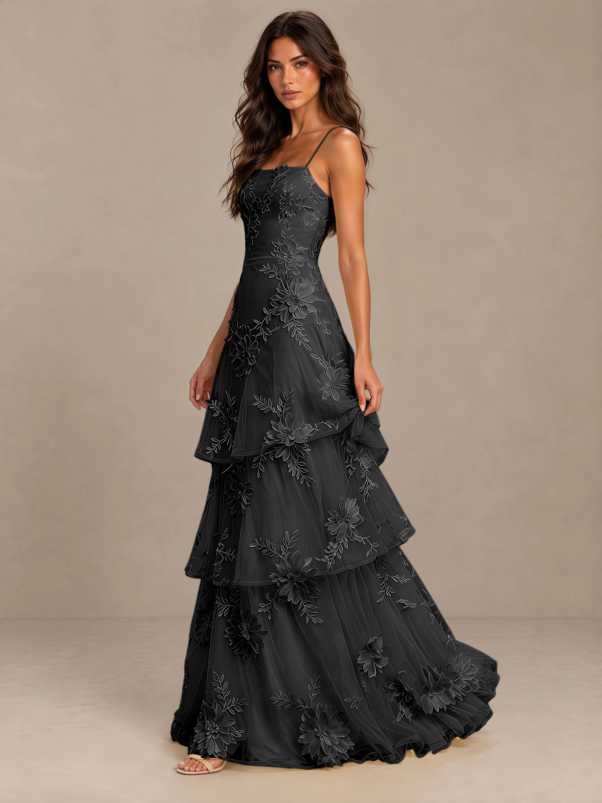 BOLODOO Black Floral Applique Tiered Prom Dress with Lace-Up Back - Black - Black-3