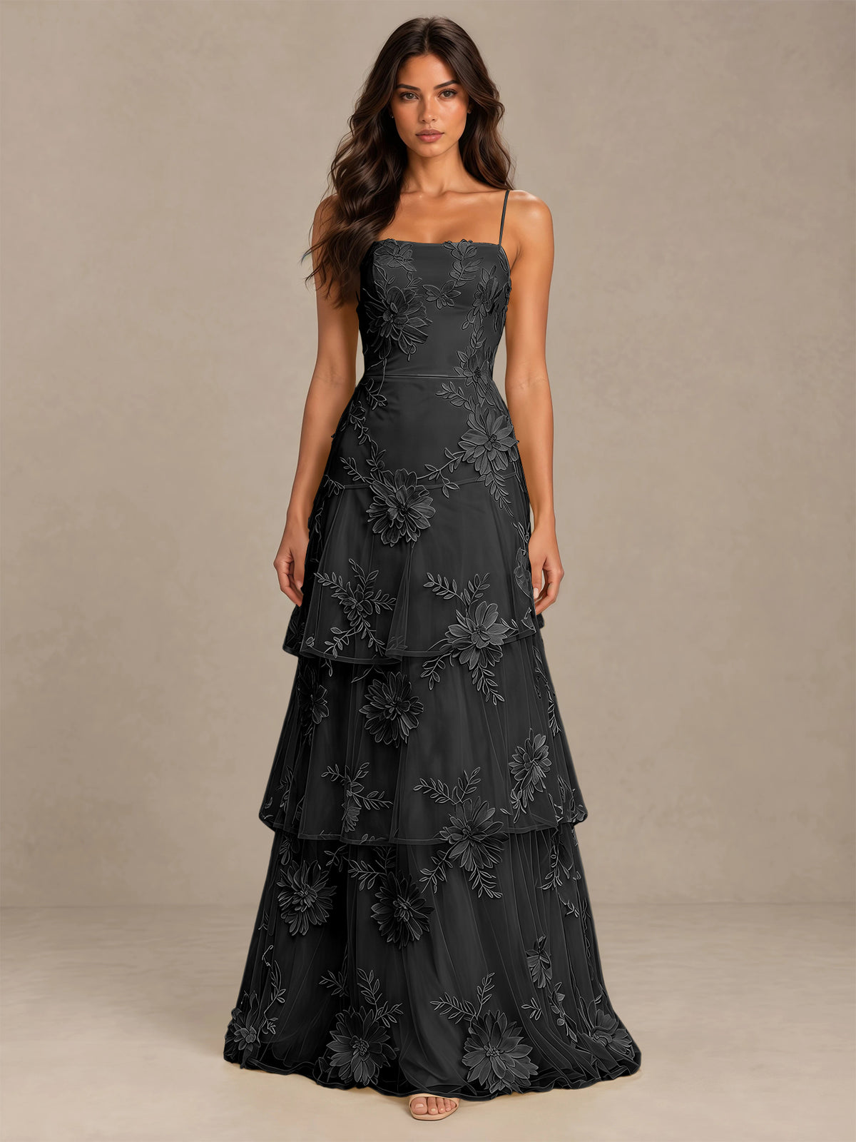 BOLODOO Black Floral Applique Tiered Prom Dress with Lace-Up Back - Black - Black-4