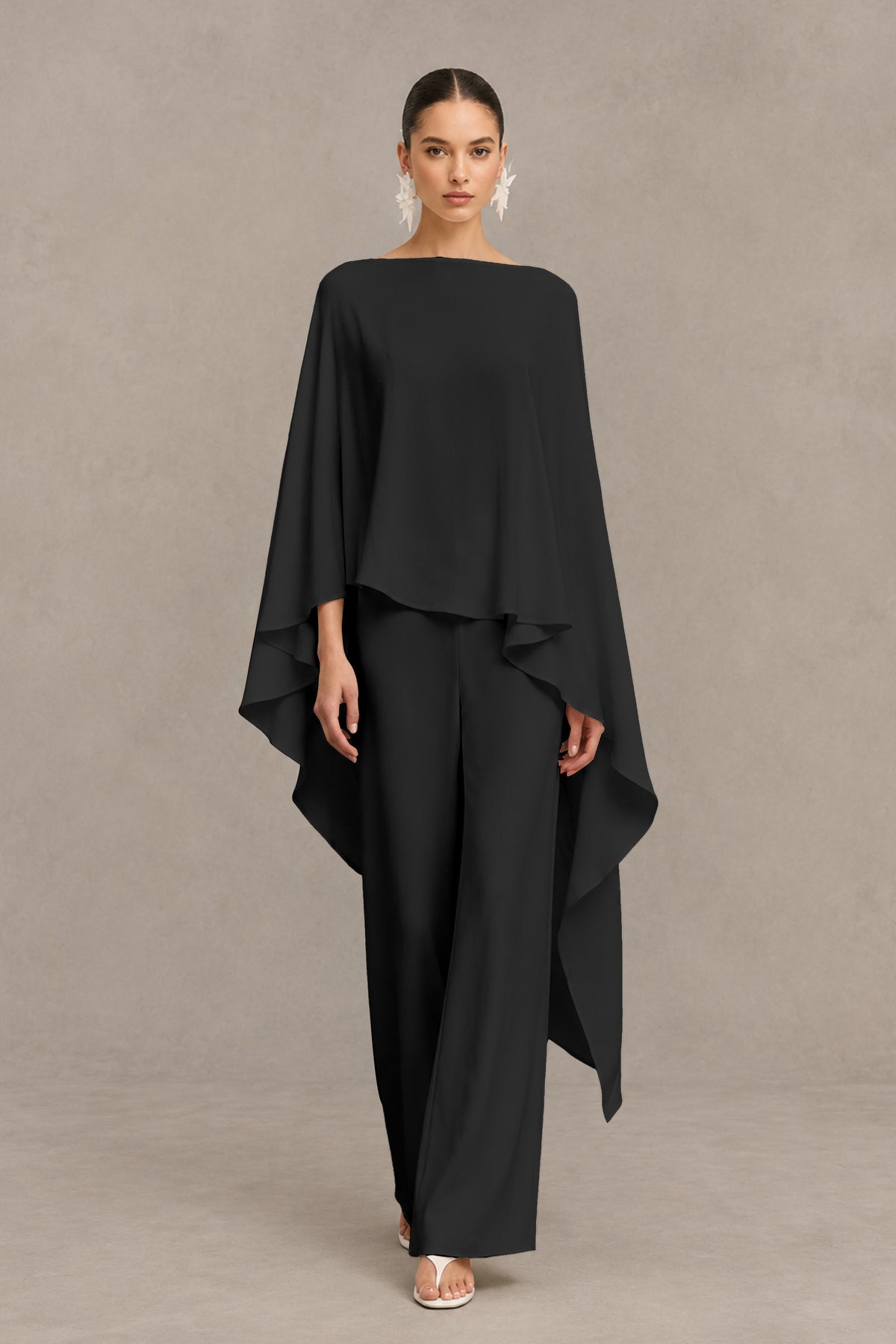 BOLODOO Black Cape Sleeve Wide-Leg Formal Pantsuit - Black - Black_01