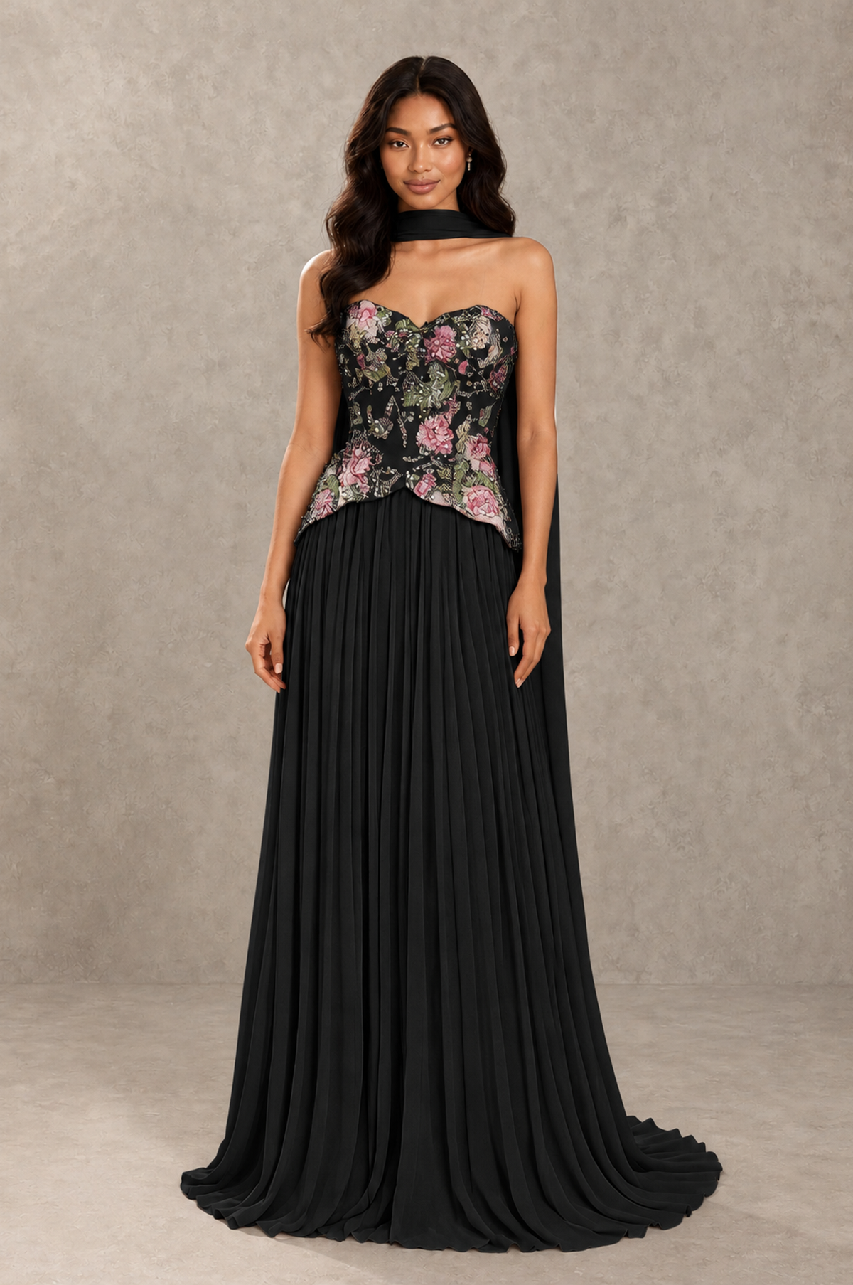 BOLODOO Black Strapless Beaded Floral Corset Chiffon Maxi Gown – Open Back Prom & Formal Evening Dress - Black - Black_01