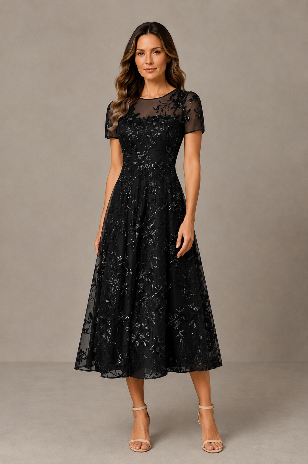 BOLODOO Black Textured Floral A-Line Dress with Short Sleeves - Black - Black_01