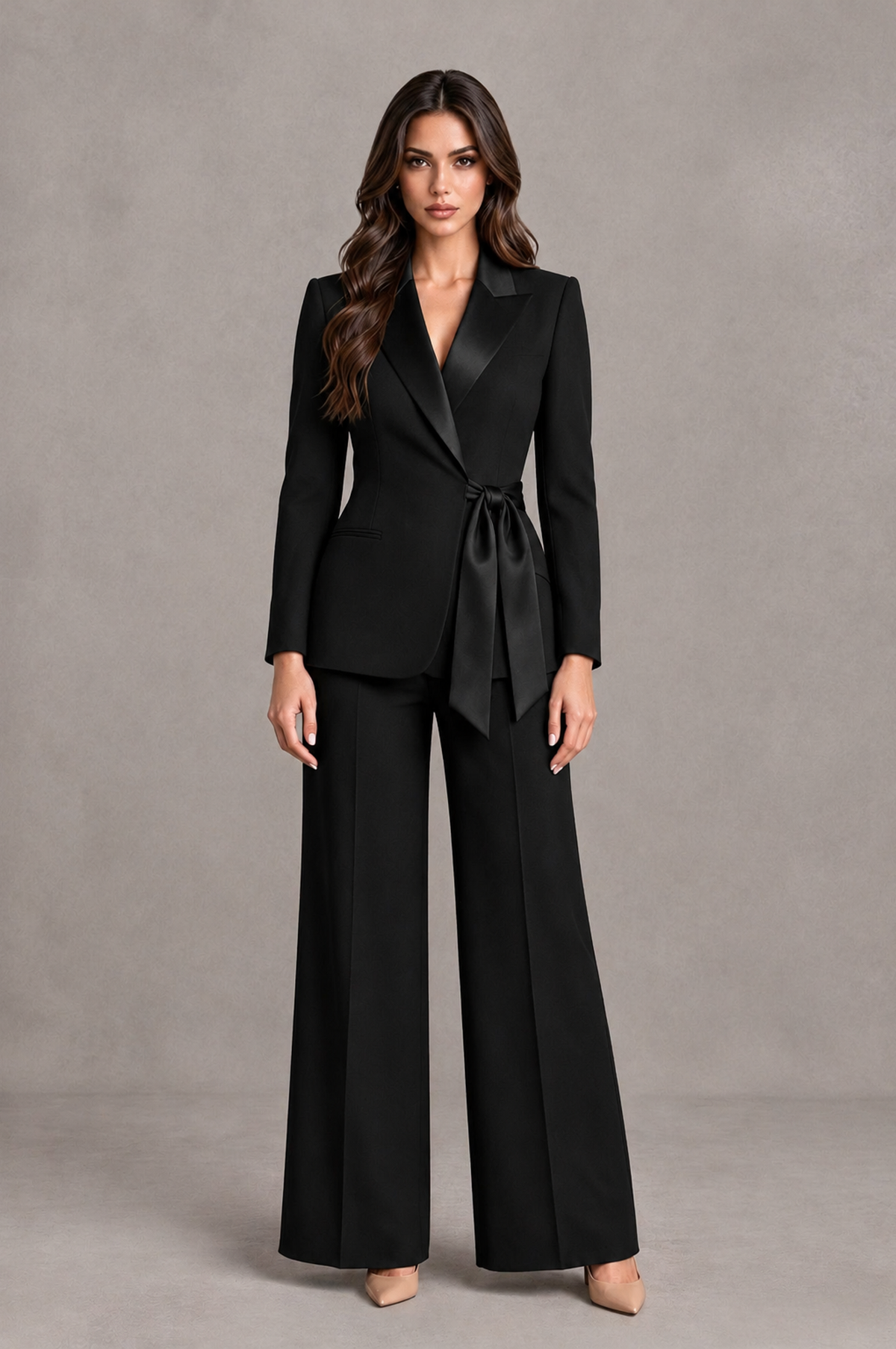 BOLODOO Black Tie-Waist Blazer & Wide-Leg Pantsuit - Black - Black_01