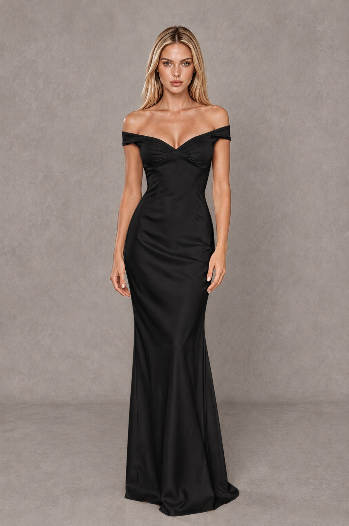 BOLODOO Black Off-Shoulder Open-Back Satin Evening Gown - Black - Black_01