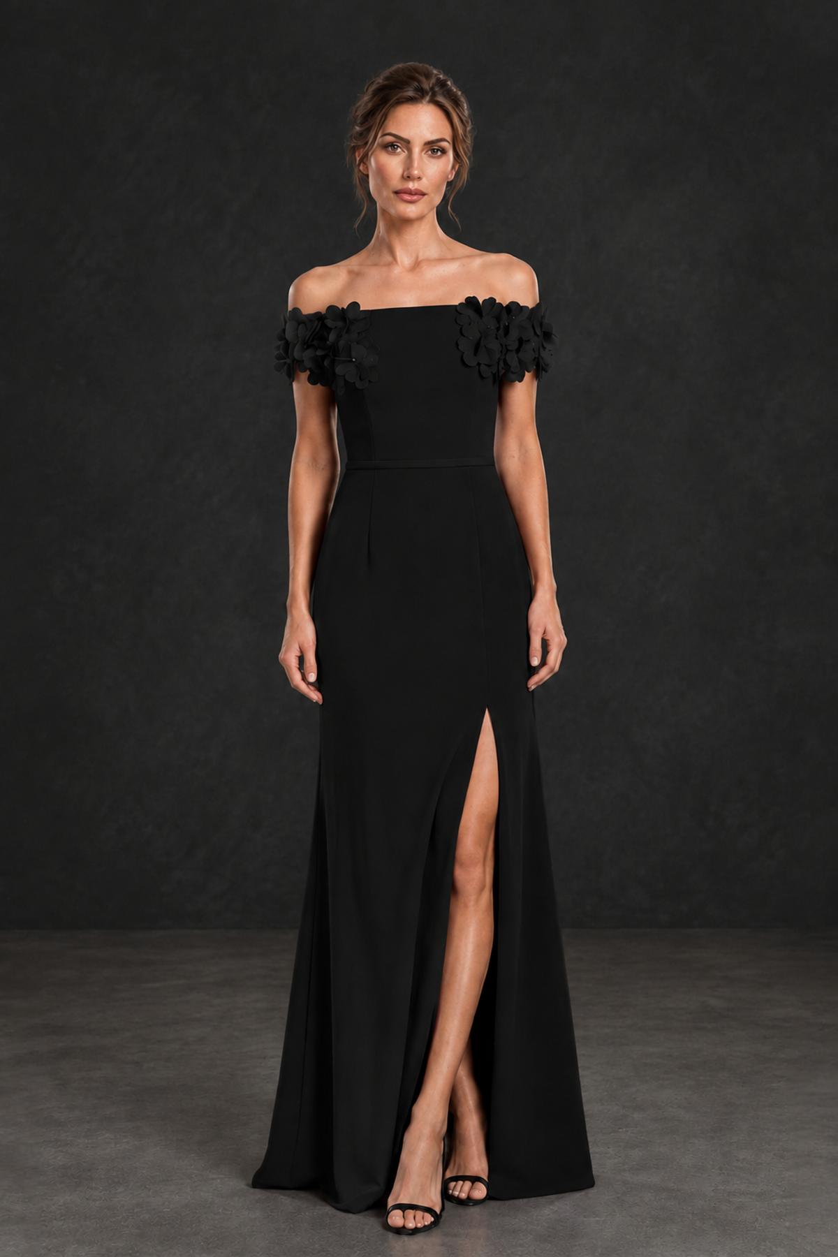 BOLODOO Black Off-the-Shoulder Mother of the Bride Dress with Floral Appliques - Black - Black_01
