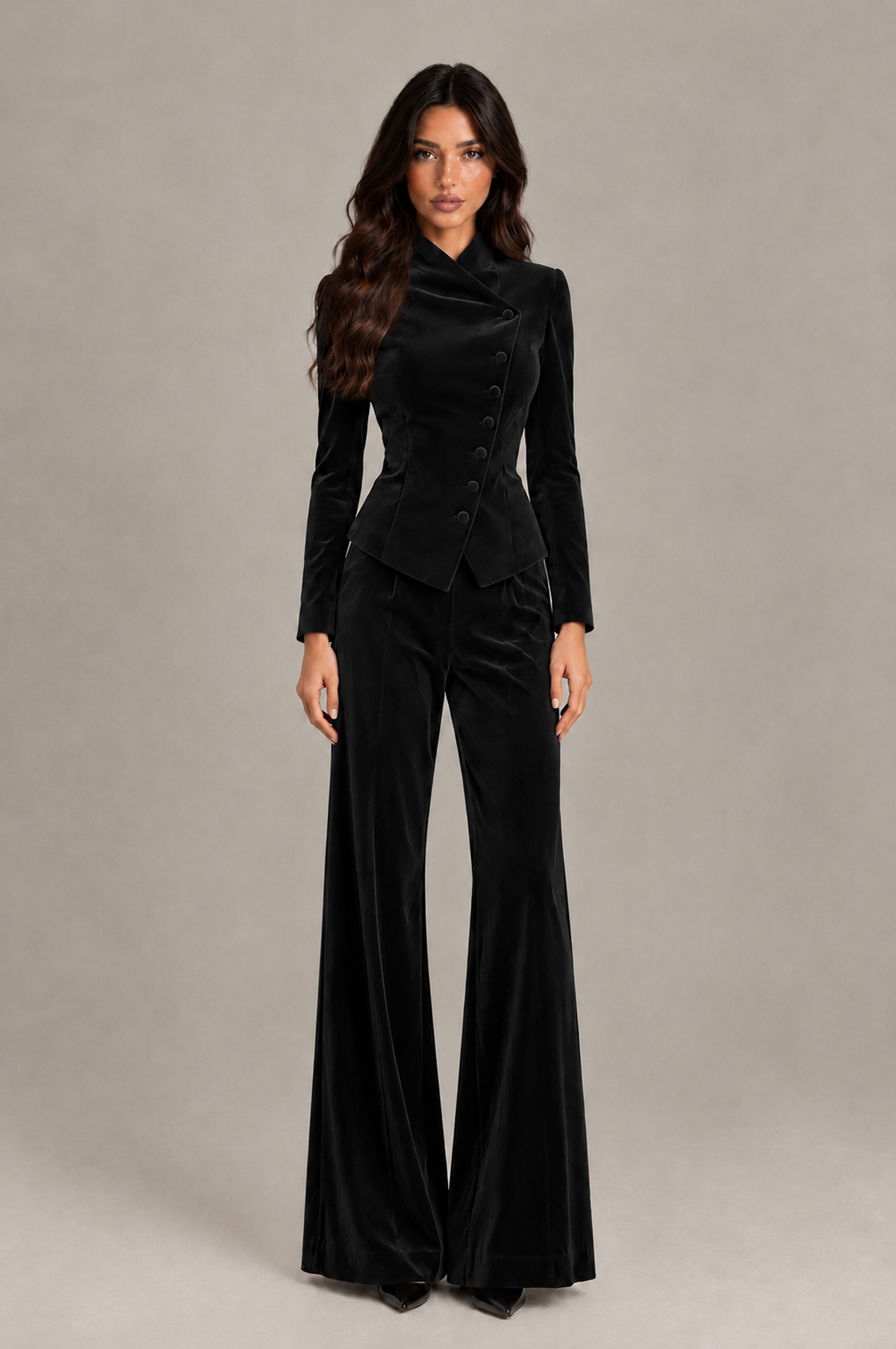 BOLODOO Black Velvet Two-Piece Pantsuit with Long Sleeve Blazer & Wide-Leg Trousers - Black - Black_01