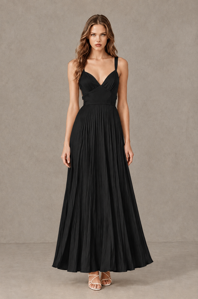 BOLODOO Black V-Neck Pleated Open-Back Maxi Dress - Black - Black_01