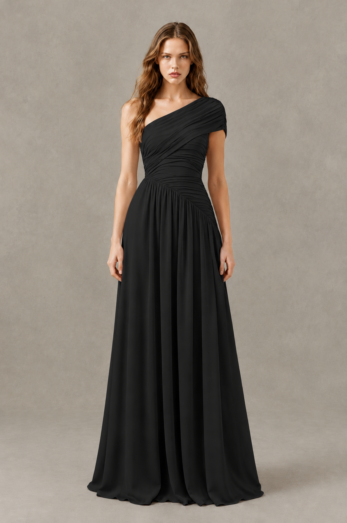 BOLODOO Black One-Shoulder Ruched Floor-Length Bridesmaid Dress - Black - Black_01