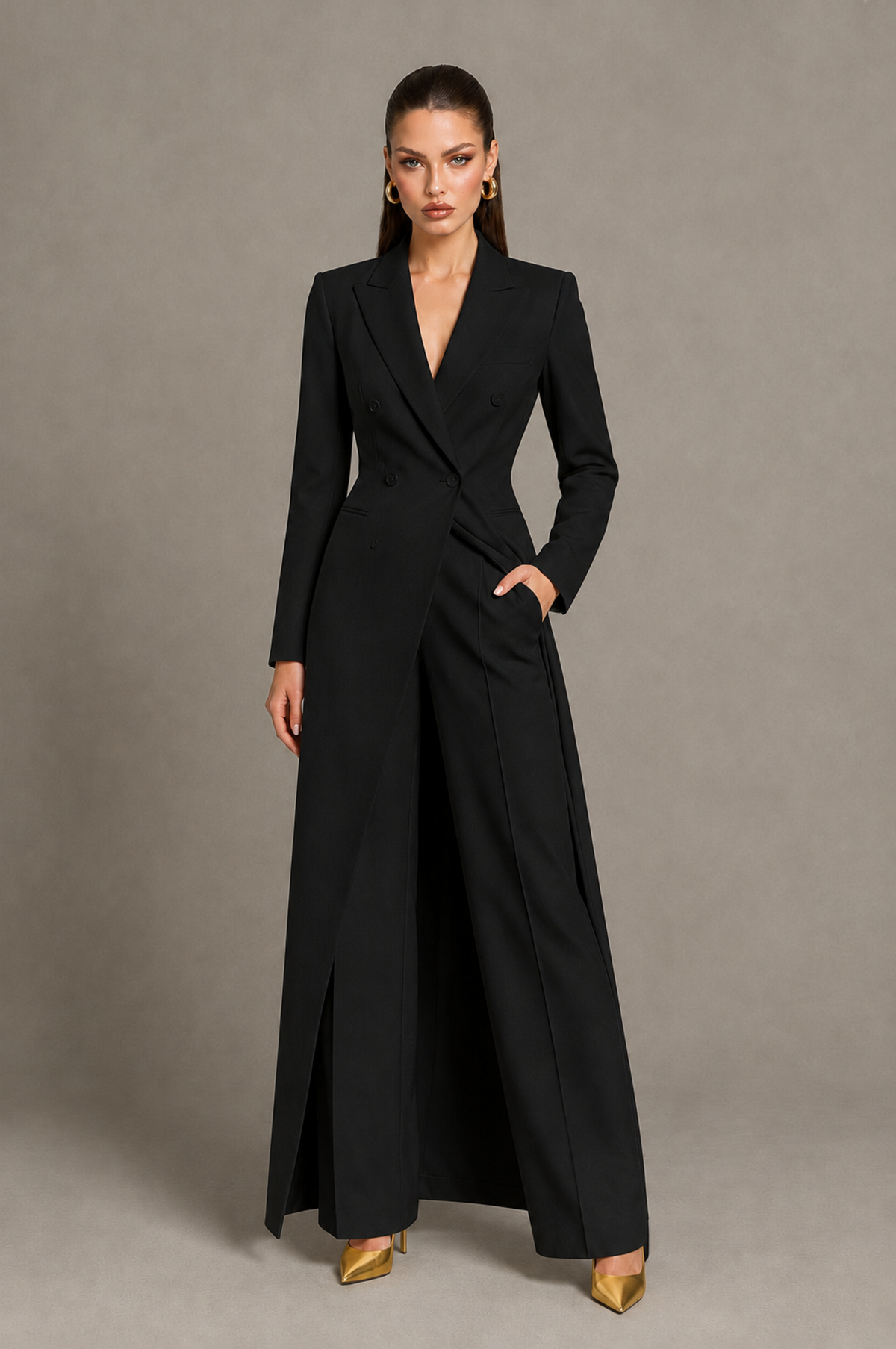 BOLODOO Black Longline Blazer & Wide-Leg Pants Two-Piece Suit - Black - Black_01
