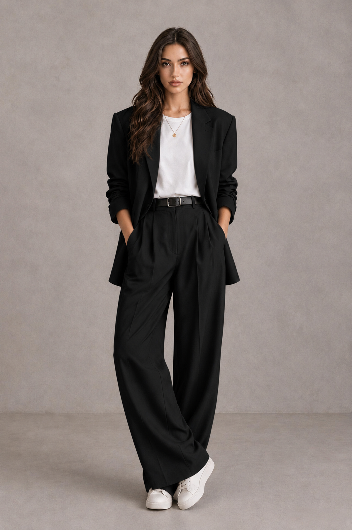 BOLODOO Black Brown Blazer & Wide-Leg Pants Suit for Women - Black - Black_01