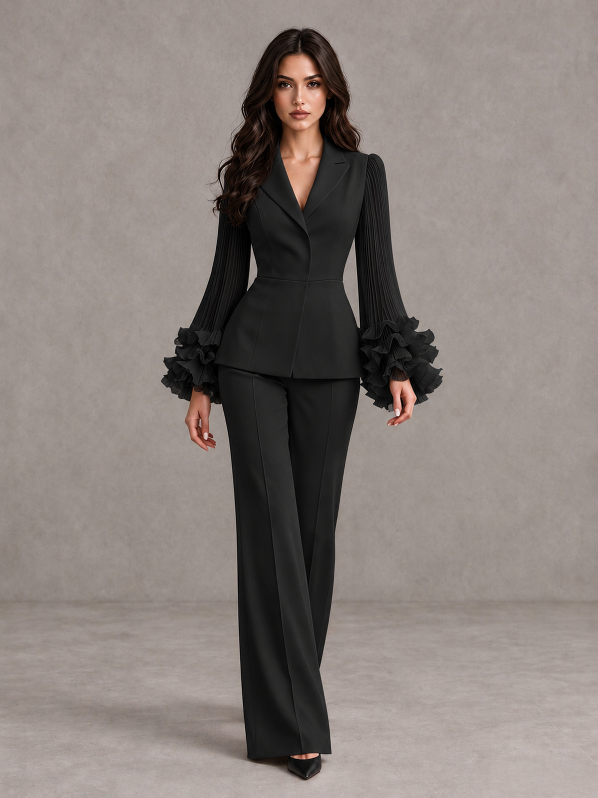 BOLODOO Black Mother of the Bride Pant Suit – Pleated Long Sleeve Ruffle Cuff Wide Leg Trouser Suit - Black - Black_01