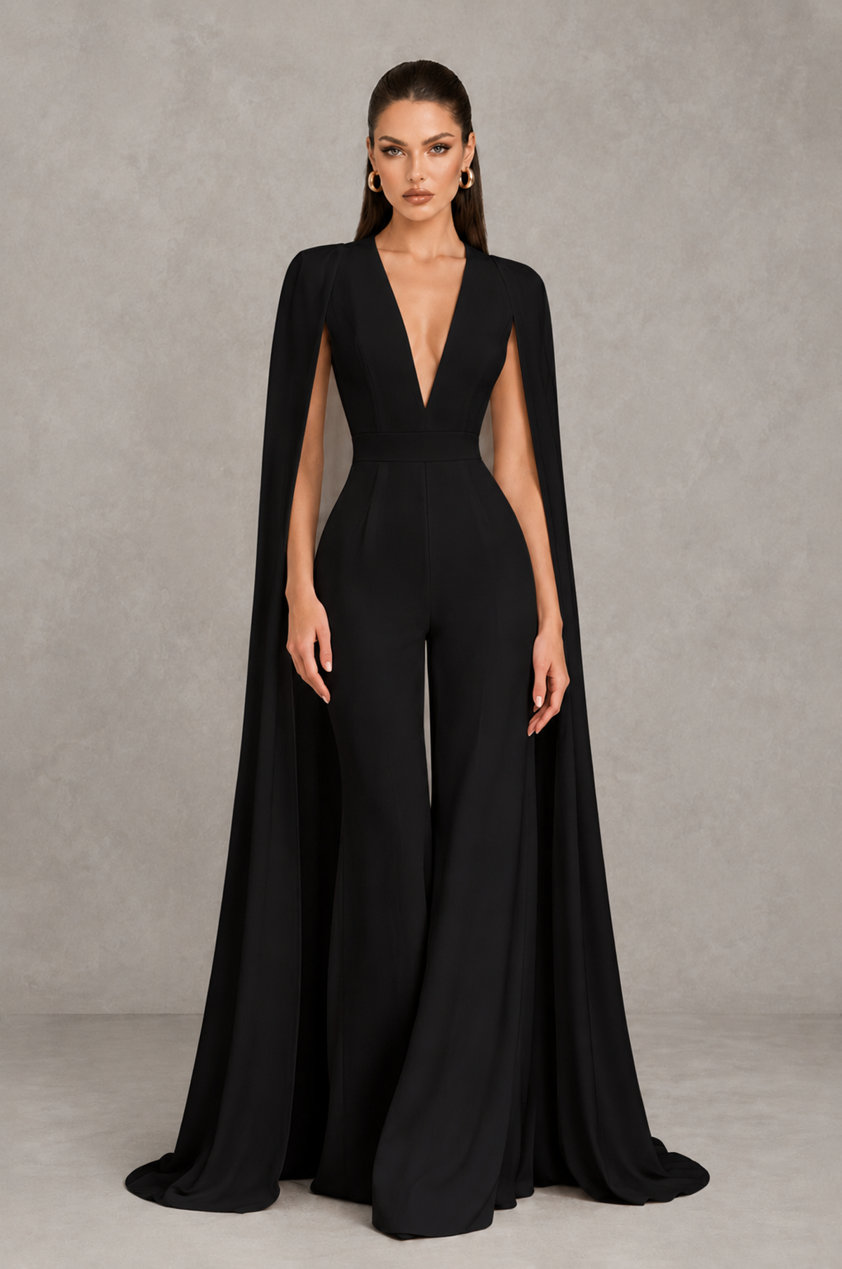 BOLODOO Black Deep V-Neck Cape Sleeve Bridal Jumpsuit - Black - Black_01