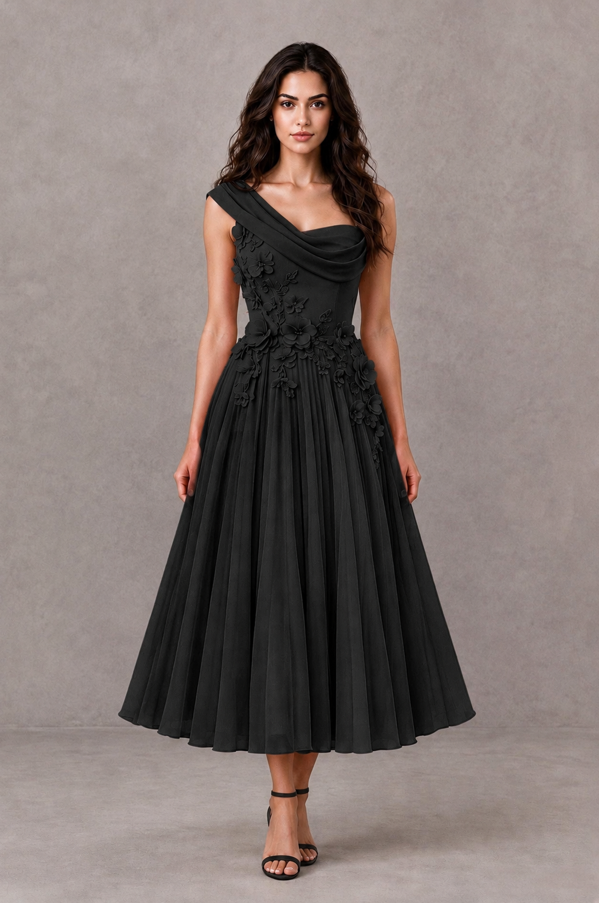 BOLODOO Black One-Shoulder Floral Tulle Tea-Length Dress - Black - Black_01