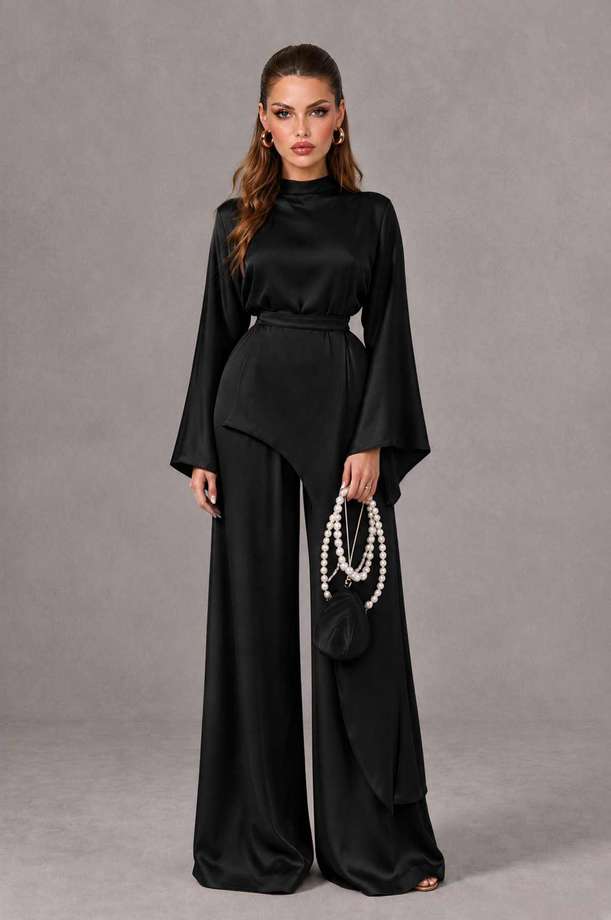 BOLODOO Black Satin-Look Long Sleeve Wide-Leg Jumpsuit - Black - Black_01
