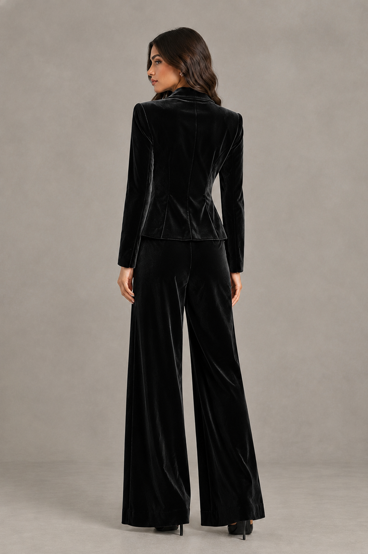 BOLODOO Black Velvet Two-Piece Pantsuit with Long Sleeve Blazer & Wide-Leg Trousers - Black - Black_02