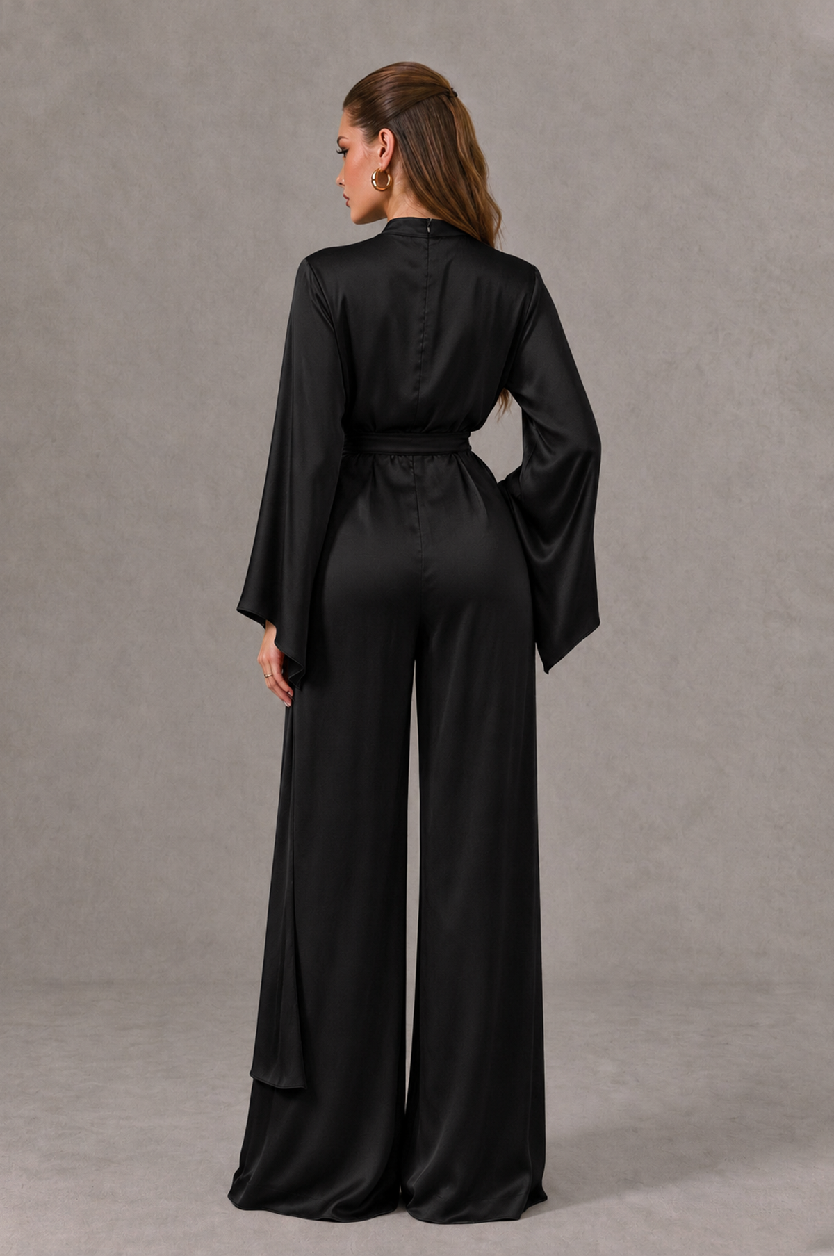 BOLODOO Black Satin-Look Long Sleeve Wide-Leg Jumpsuit - Black - Black_02