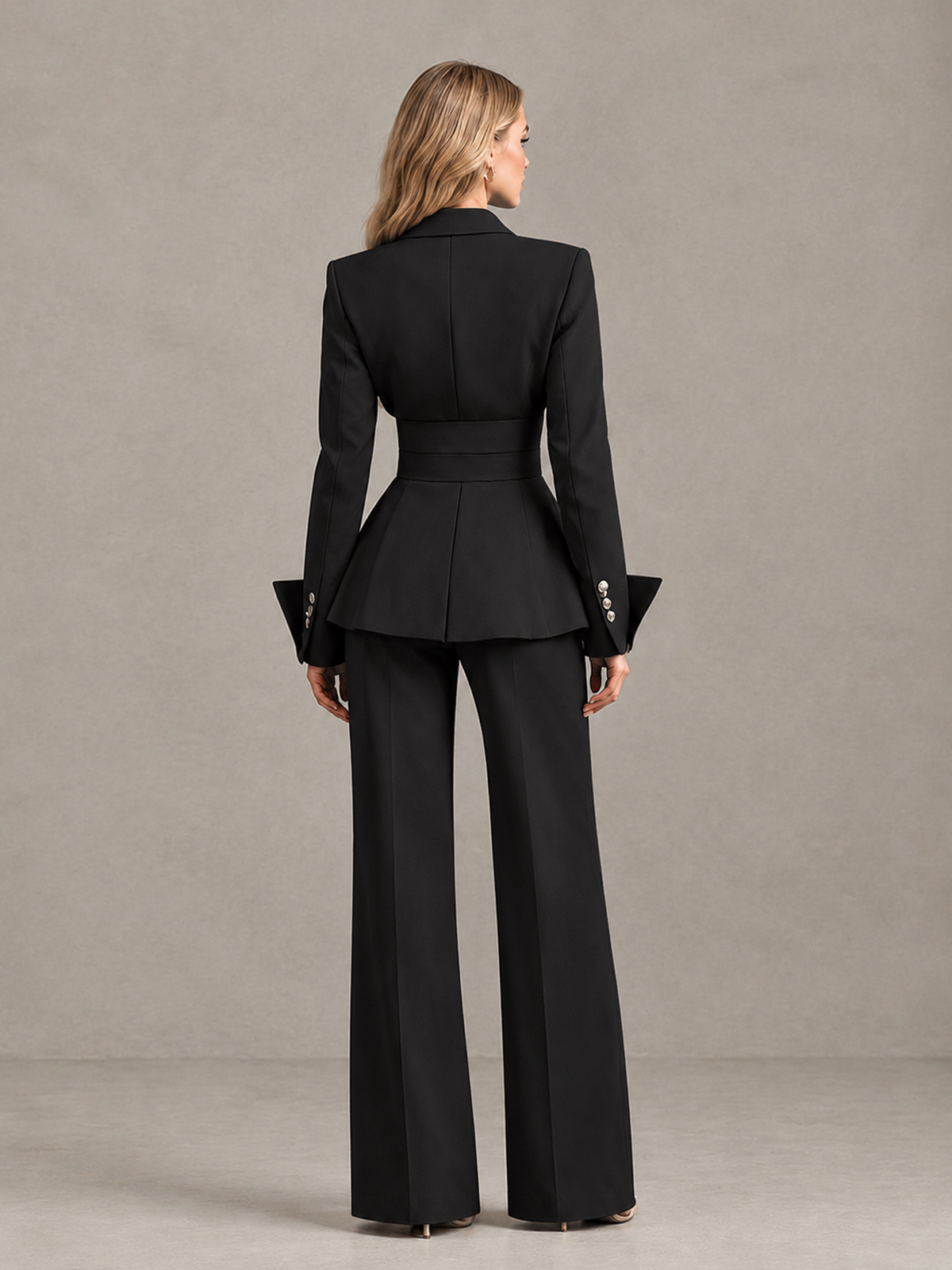 BOLODOO Black Belted Peplum Pantsuit with Long Sleeves & Wide-Leg Trousers - Black - Black_02