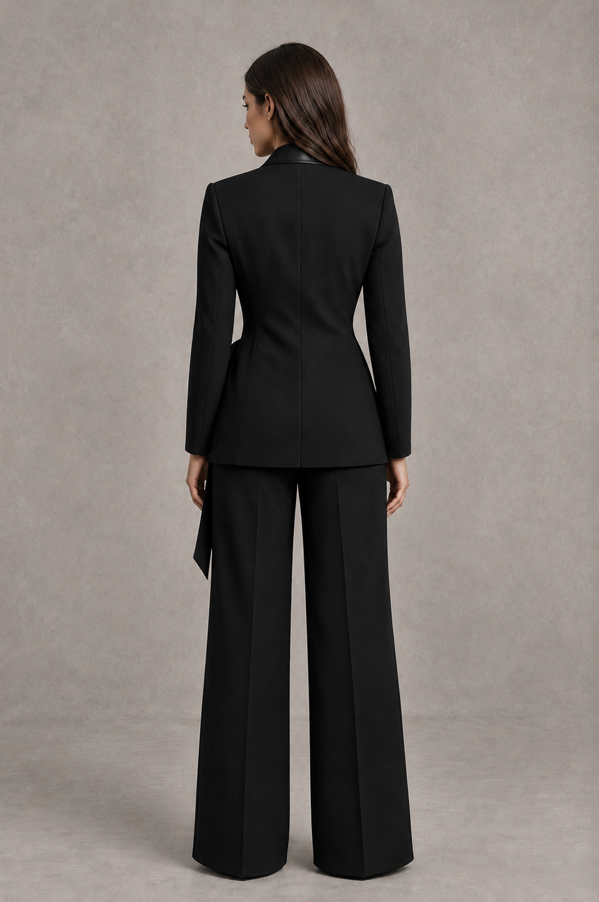 BOLODOO Black Tie-Waist Blazer & Wide-Leg Pantsuit - Black - Black_02